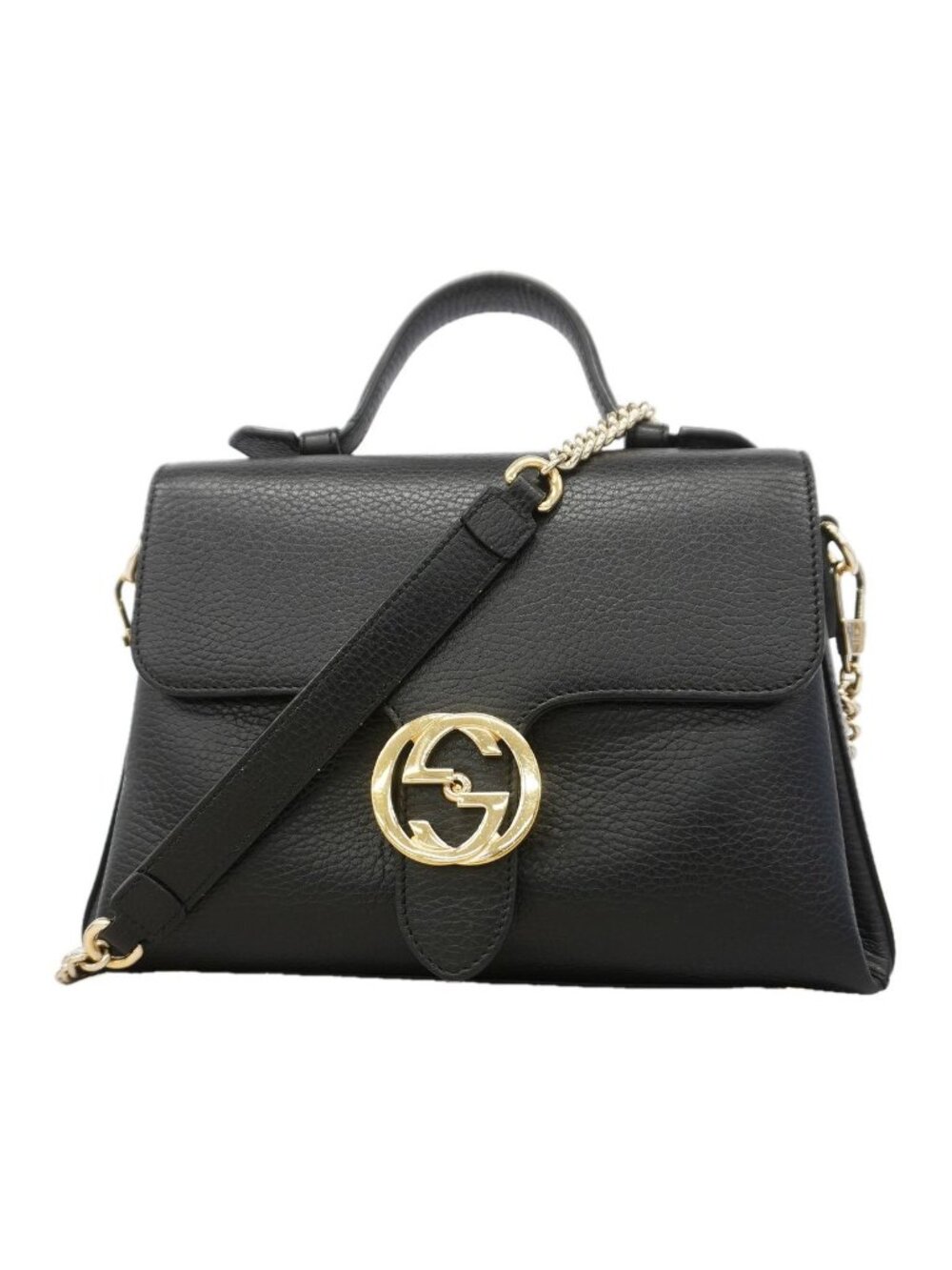 Gucci Handbag Interlocking G Leather Black Champagne Gold 2-Way Bag